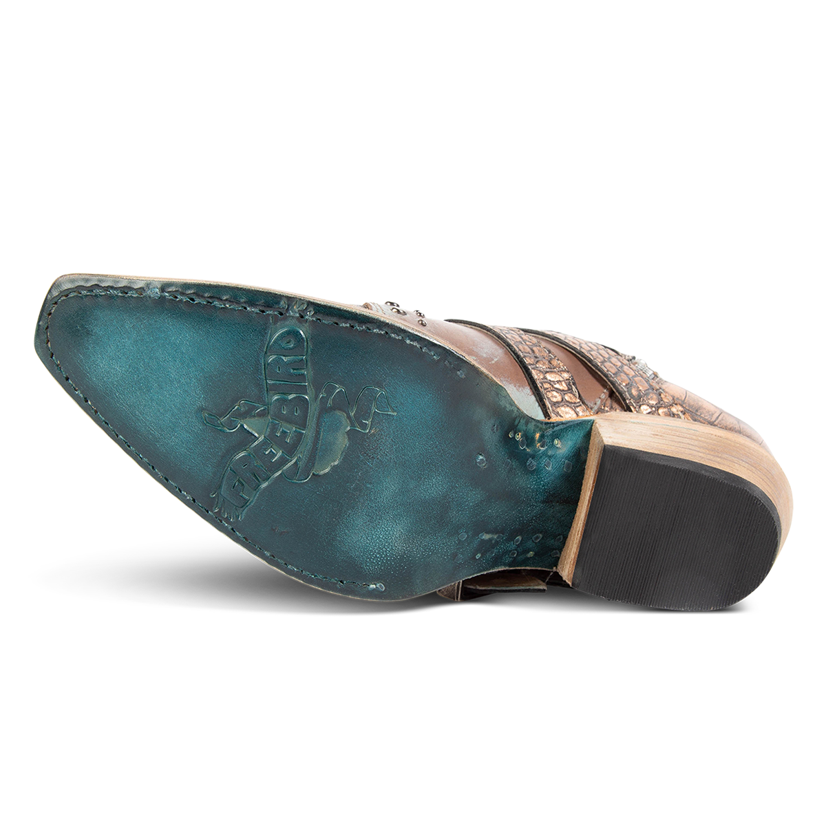 Leather sole imprinted with FREEBIRD on women's Whilhelmina blush croco western ankle bootie