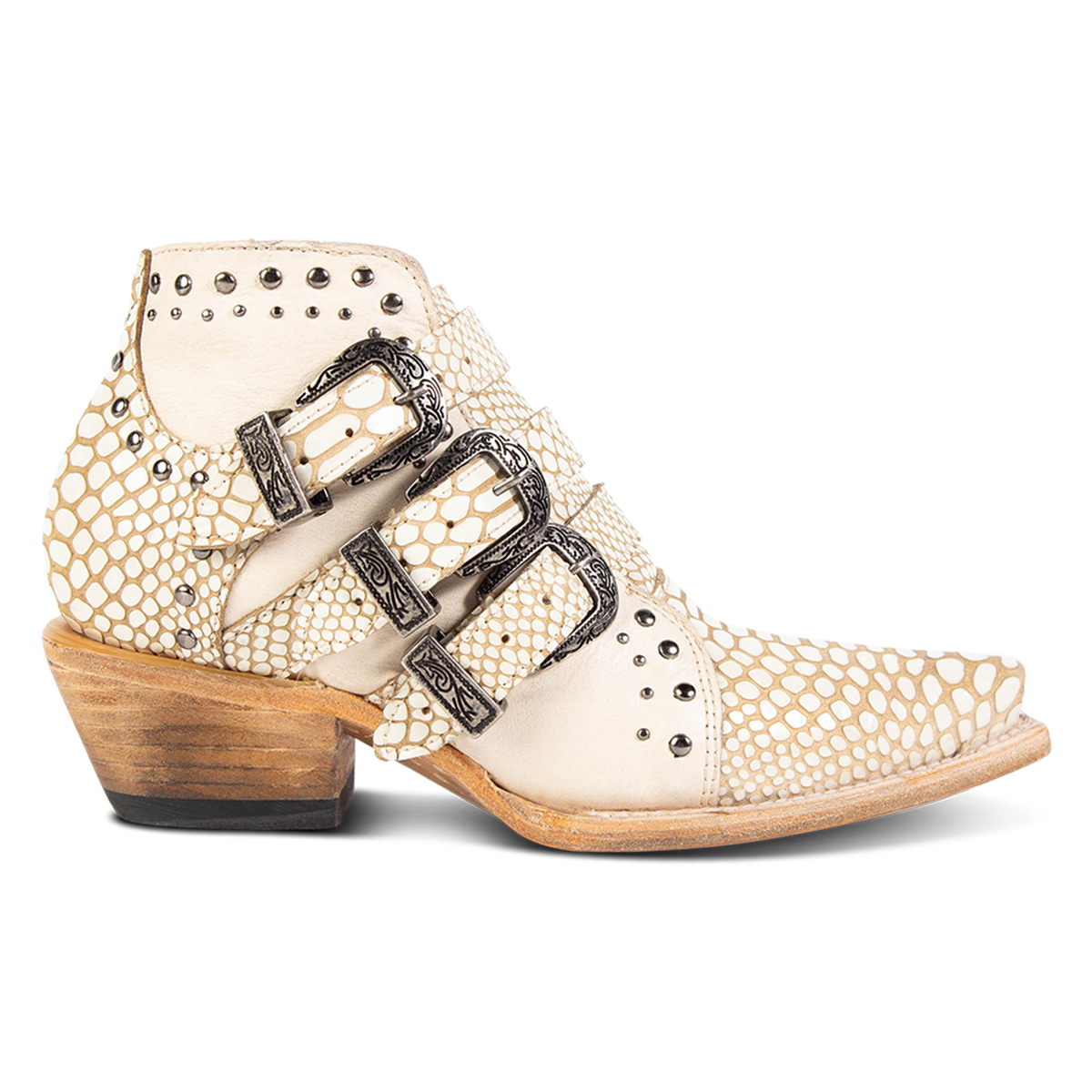 FREEBIRD women's WHILHELMINA white snake ankle bootie featuring engraved metal buckles, snip toe, and embellished stud detailing
