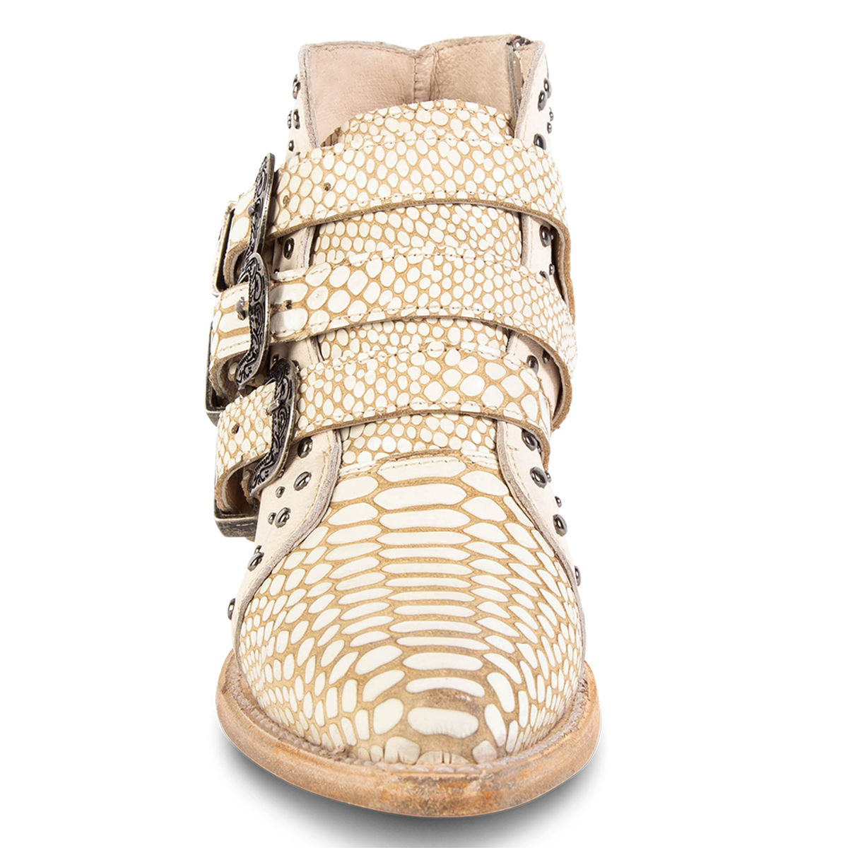 Front view showing adjustable buckle straps and snip toe on FREEBIRD women's Whilhelmina white snake western ankle bootie