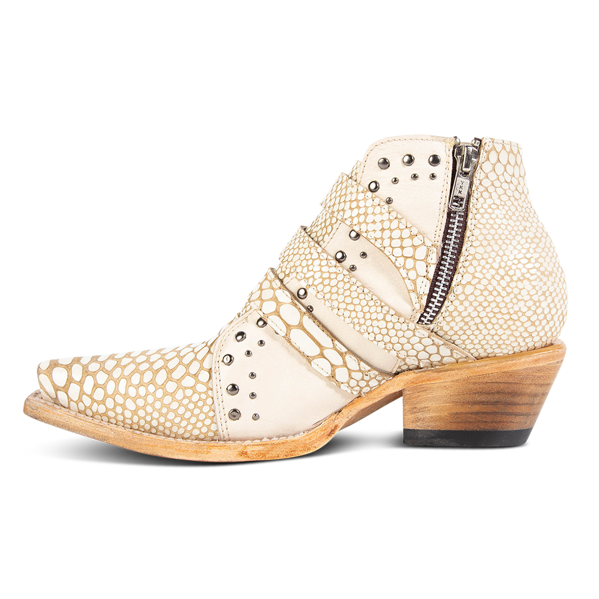 Inside view showing adjustable buckle straps and inside zip closure on FREEBIRD women's Whilhelmina white snake western ankle bootie