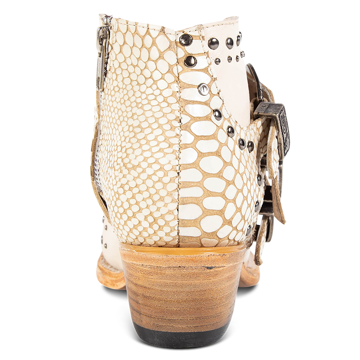Back view showing stacked wooden heel on FREEBIRD women's Whilhelmina white snake western ankle bootie