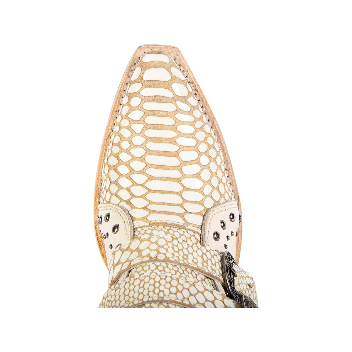 Top view showing snip toe on FREEBIRD women's Whilhelmina white snake western ankle bootie