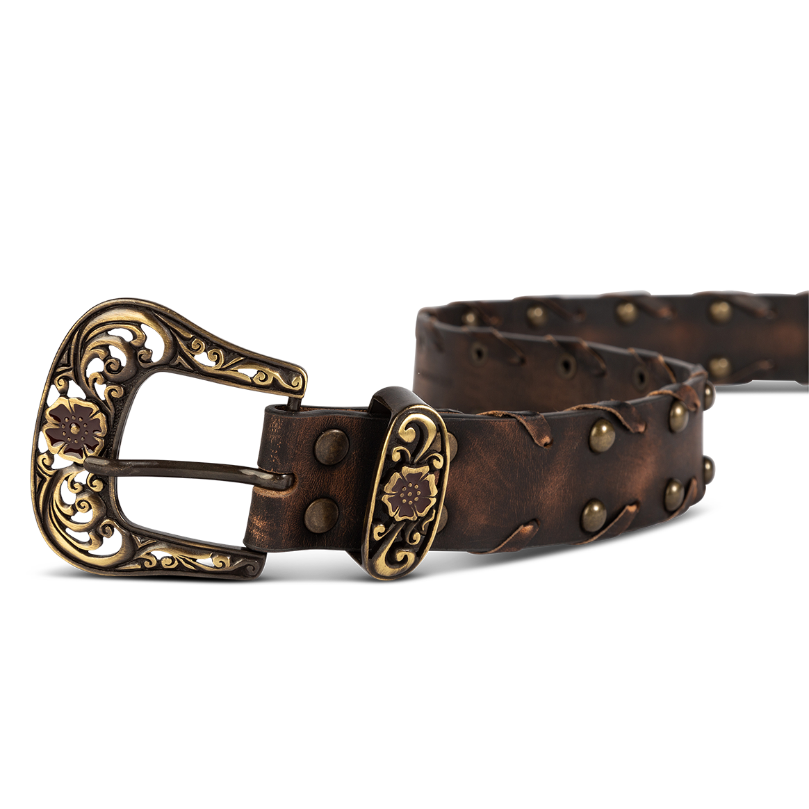 Whip black front view featuring single buckle closure, embroidered detailing and stud embellishments on FREEBIRD full grain leather belt