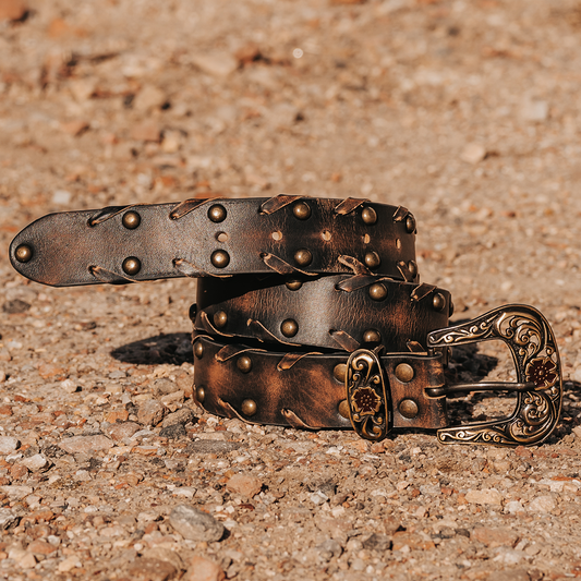 FREEBIRD Whip black full grain leather belt featuring embroidered detailing and stud embellishments lifestyle