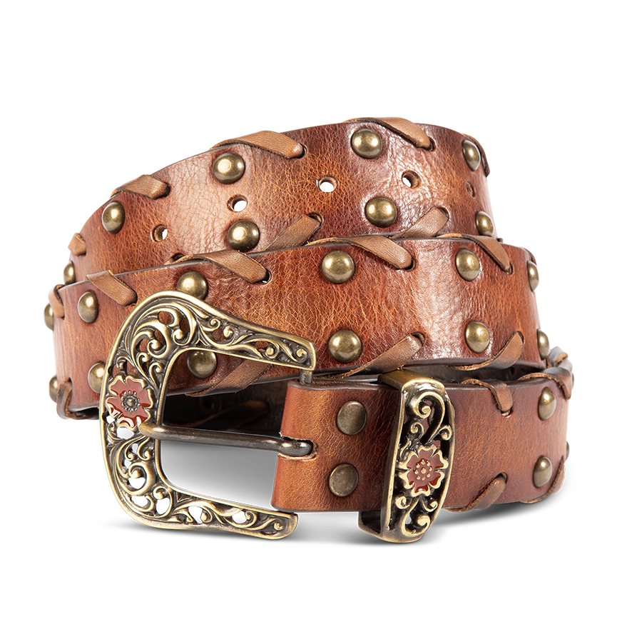 FREEBIRD Whip brown full grain leather belt featuring embroidered detailing and stud embellishments