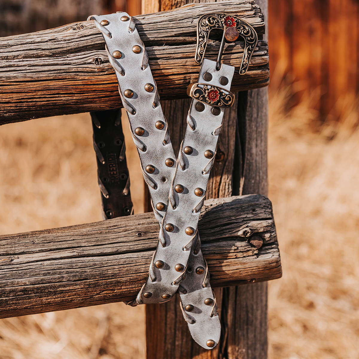 FREEBIRD Whip ice full grain leather belt featuring embroidered detailing and stud embellishments lifestyle