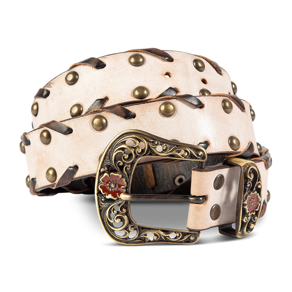 FREEBIRD Whip taupe full grain leather belt featuring embroidered detailing and stud embellishments