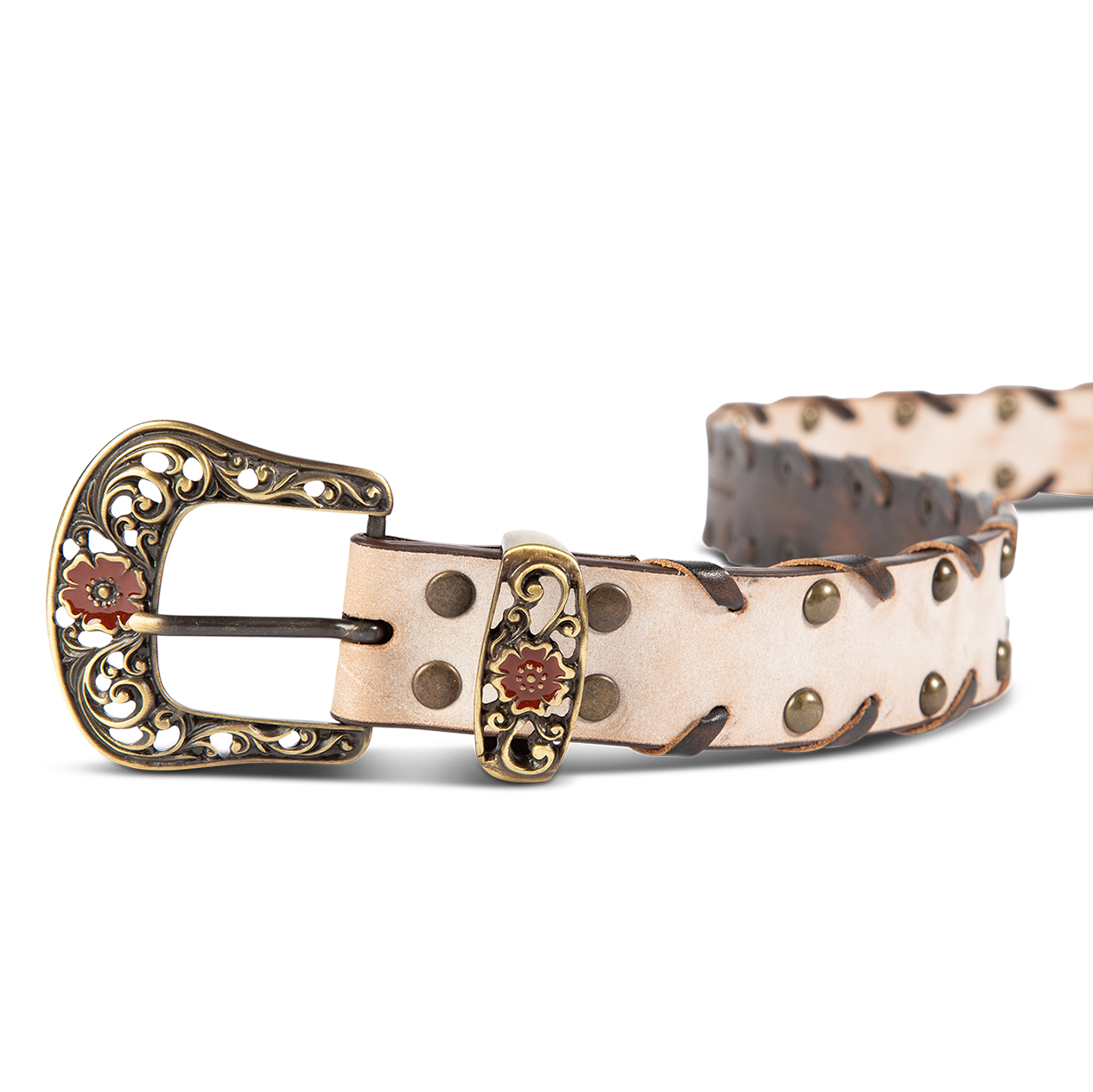 Whip taupe front view featuring single buckle closure, embroidered detailing and stud embellishments on FREEBIRD full grain leather belt