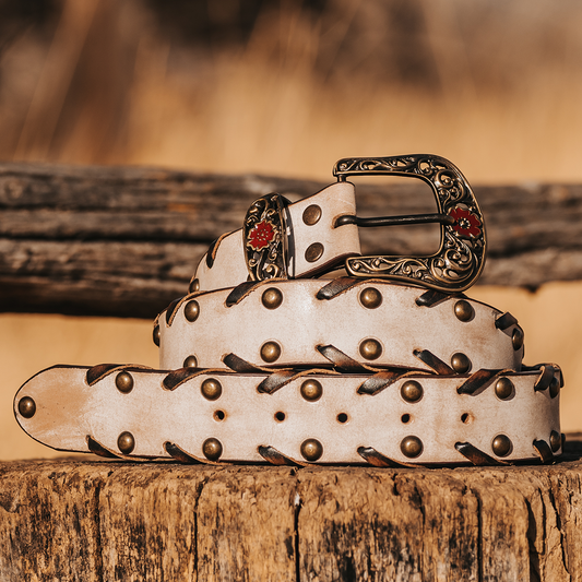 FREEBIRD Whip taupe full grain leather belt featuring embroidered detailing and stud embellishments lifestyle 