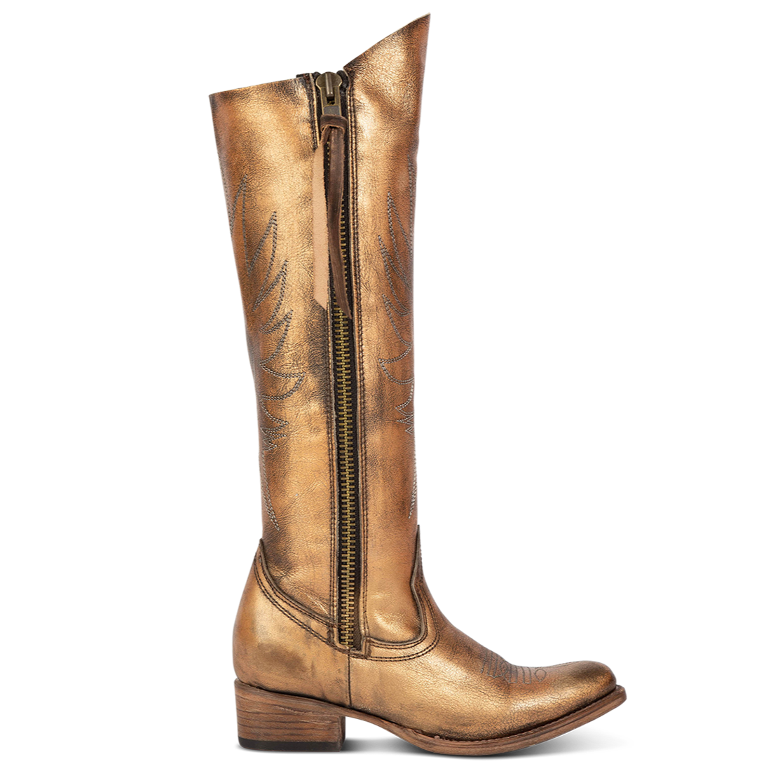 FREEBIRD women's Whisper bronze distressed boot with western shaft stitching and outer zip closure accent