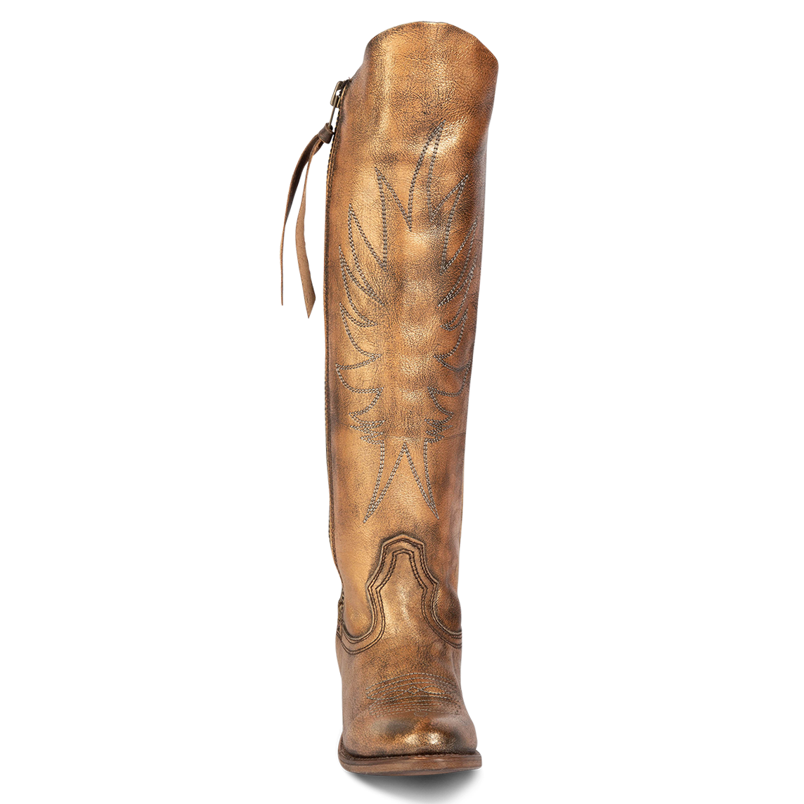 Front view showing tall shaft and western stitch detailing on FREEBIRD women's Whisper bronze distressed tall boot