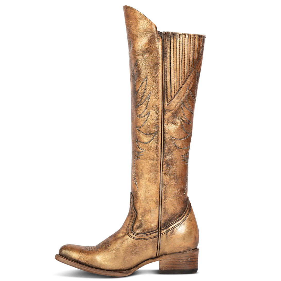 Inside view showing western stitch detailing and gore construction on FREEBIRD women's Whisper bronze distressed tall boot