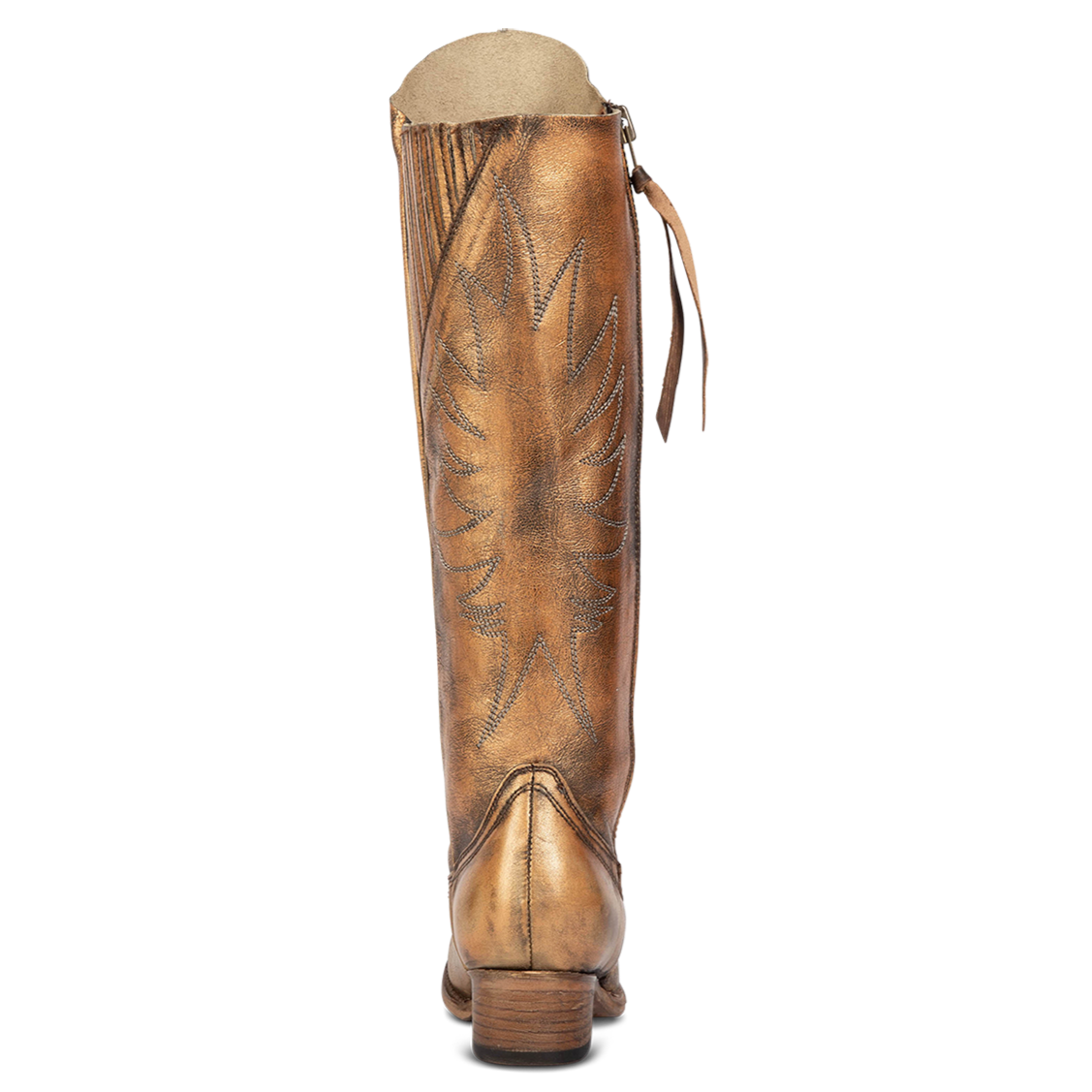 Back view showing western stitch detailing and leather pull string on FREEBIRD women's Whisper bronze distressed tall boot
