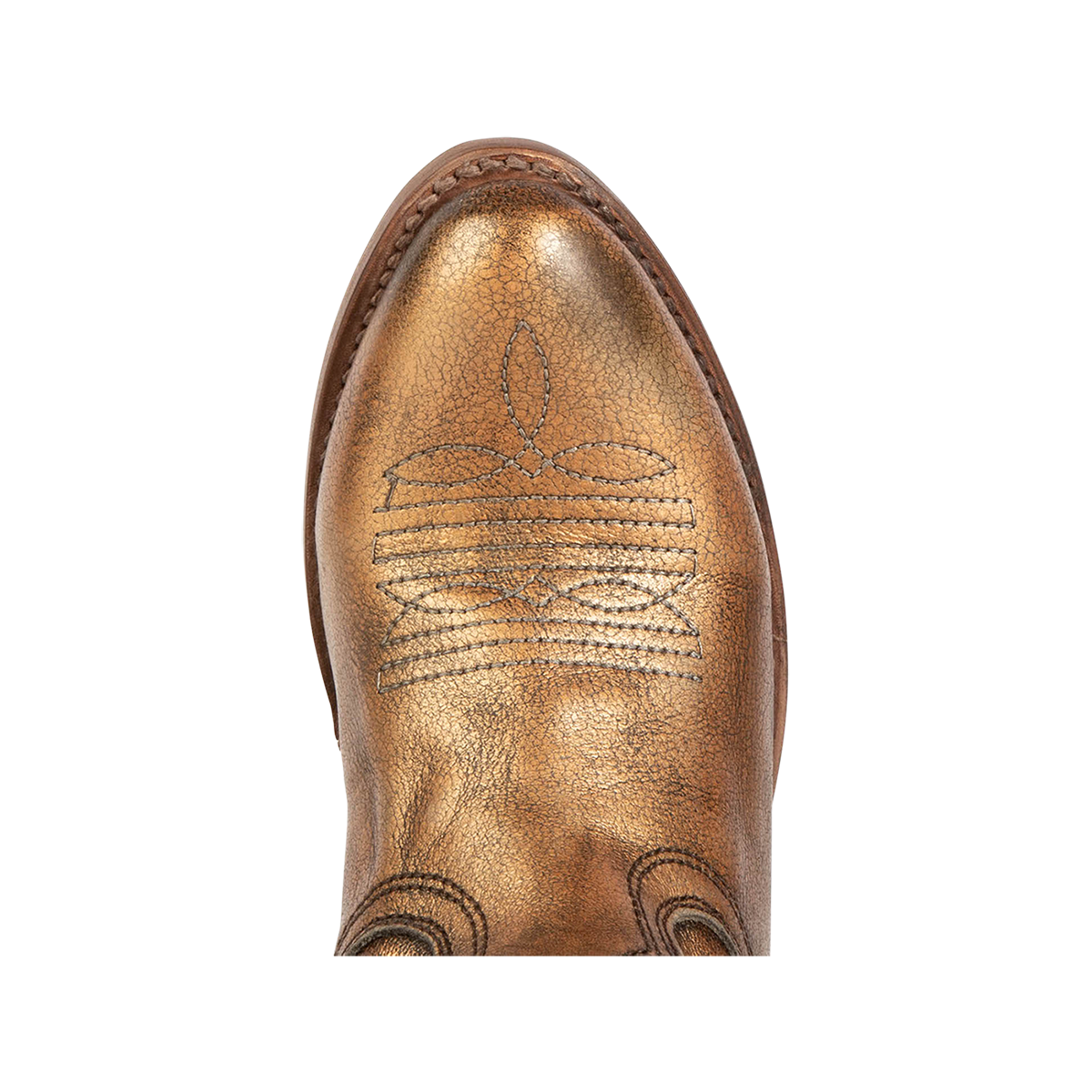 Top view showing almond toe with traditional stitching on FREEBIRD women's Whisper bronze distressed tall boot