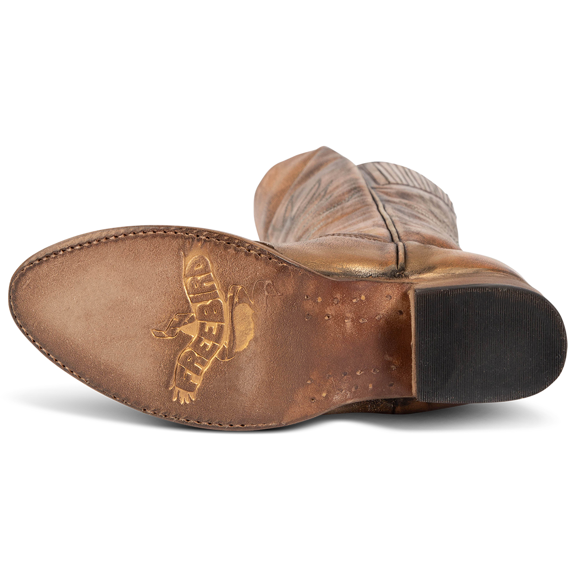 Leather sole imprinted with FREEBIRD on Whisper bronze distressed tall boot