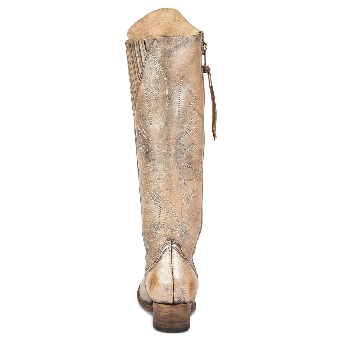 Back view showing western stitch detailing and leather pull string on FREEBIRD women's Whisper pewter tall boot
