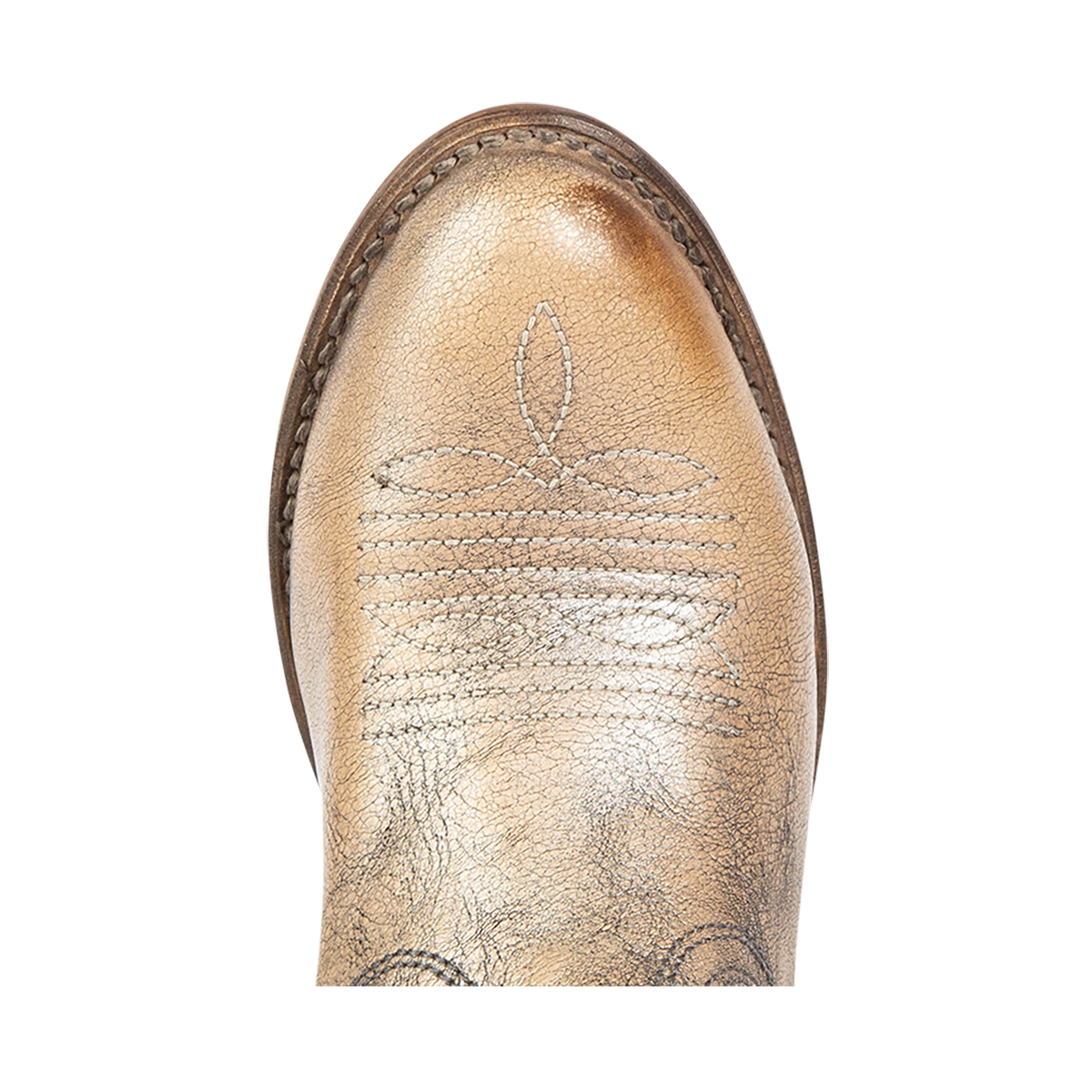Top view showing almond toe with traditional stitching on FREEBIRD women's Whisper pewter  tall boot