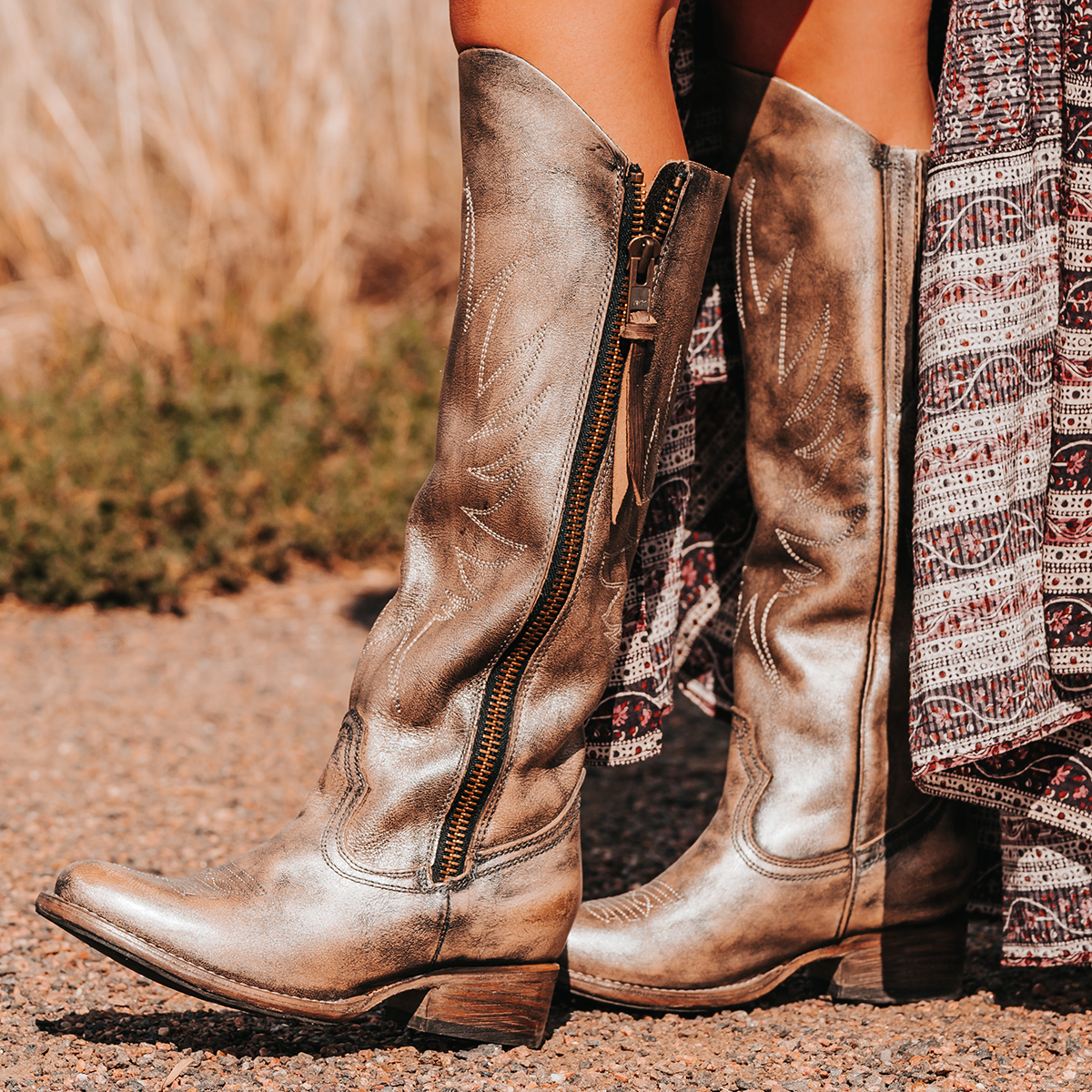 FREEBIRD women's Whisper pewter boot with western shaft stitching and outer zip closure accent