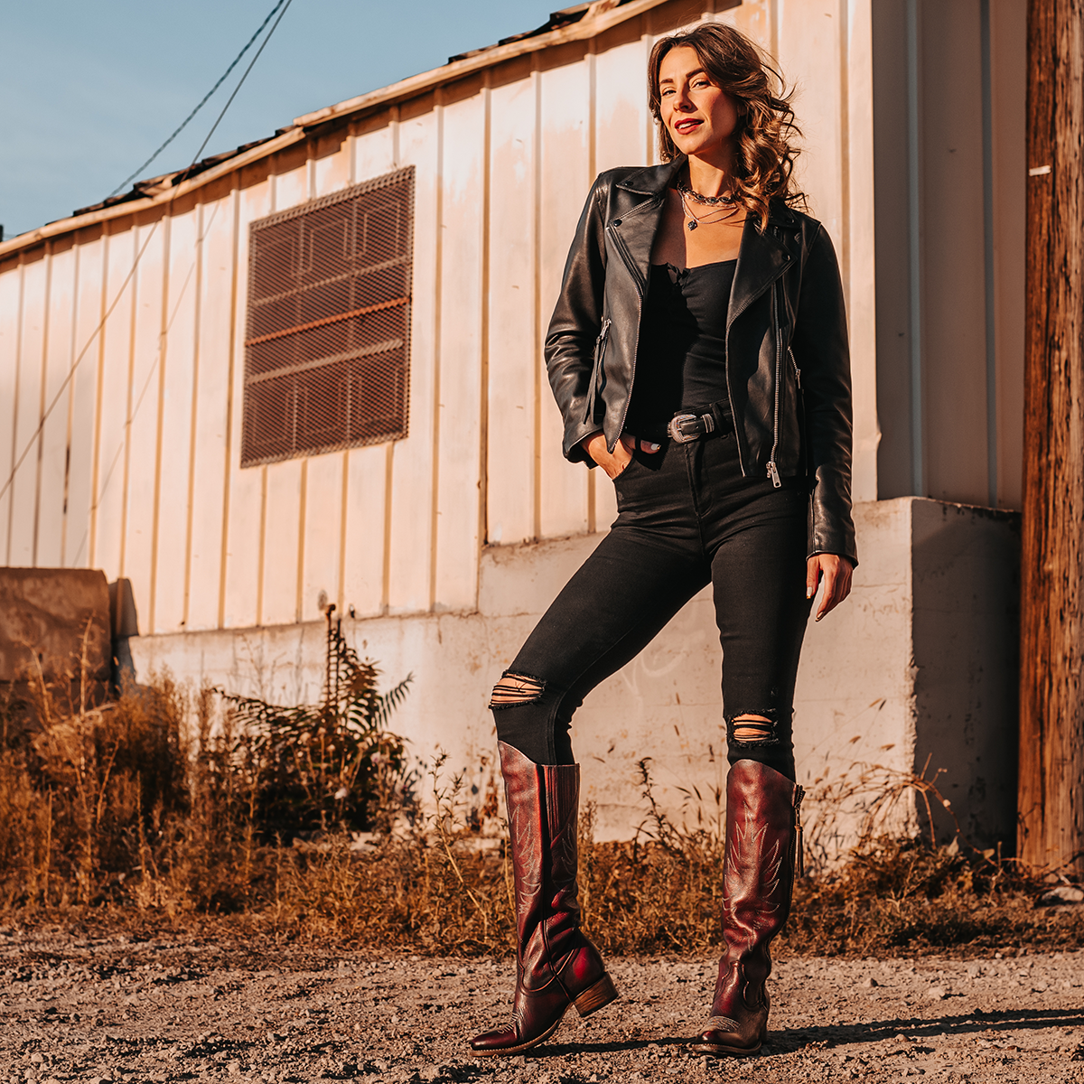 FREEBIRD women's Whisper wine boot with western shaft stitching and outer zip closure accent lifestyle