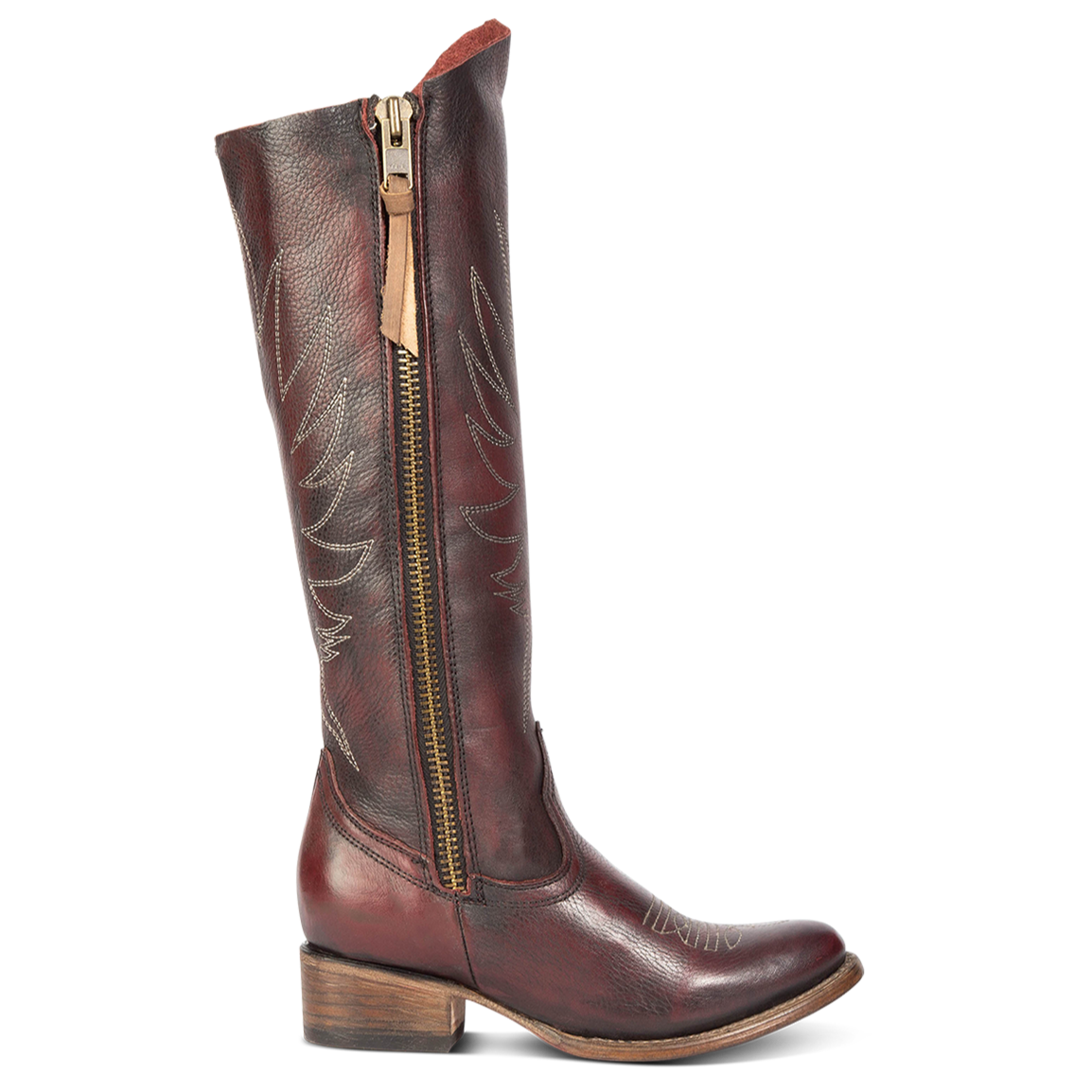 FREEBIRD women's Whisper wine boot with western shaft stitching and outer zip closure accent