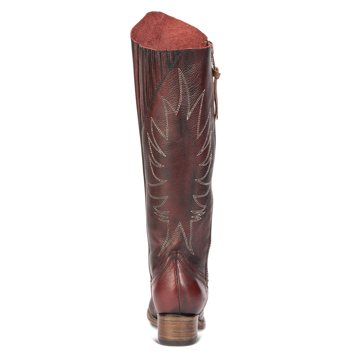 Back view showing western stitch detailing and leather pull string on FREEBIRD women's Whisper wine tall boot