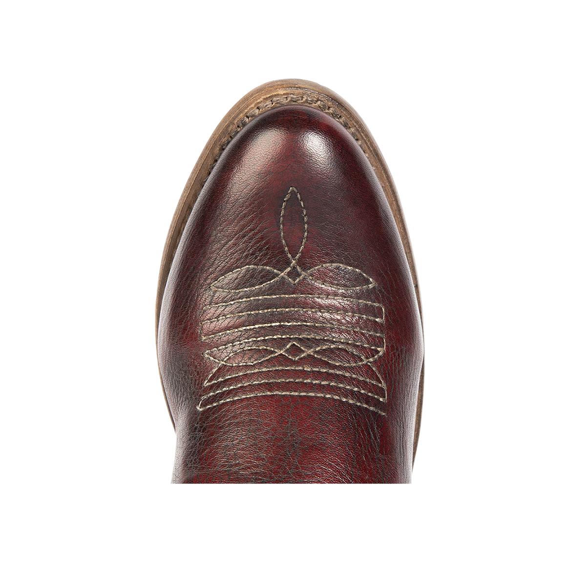 Top view showing almond toe with traditional stitching on FREEBIRD women's Whisper wine tall boot