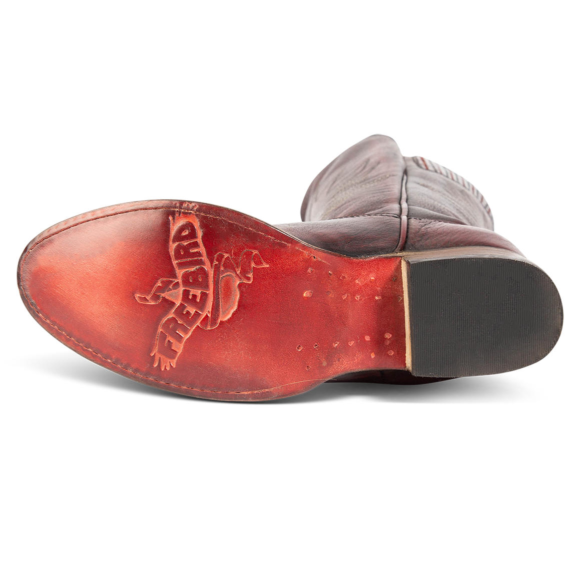 Leather sole imprinted with FREEBIRD on Whisper wine tall boot