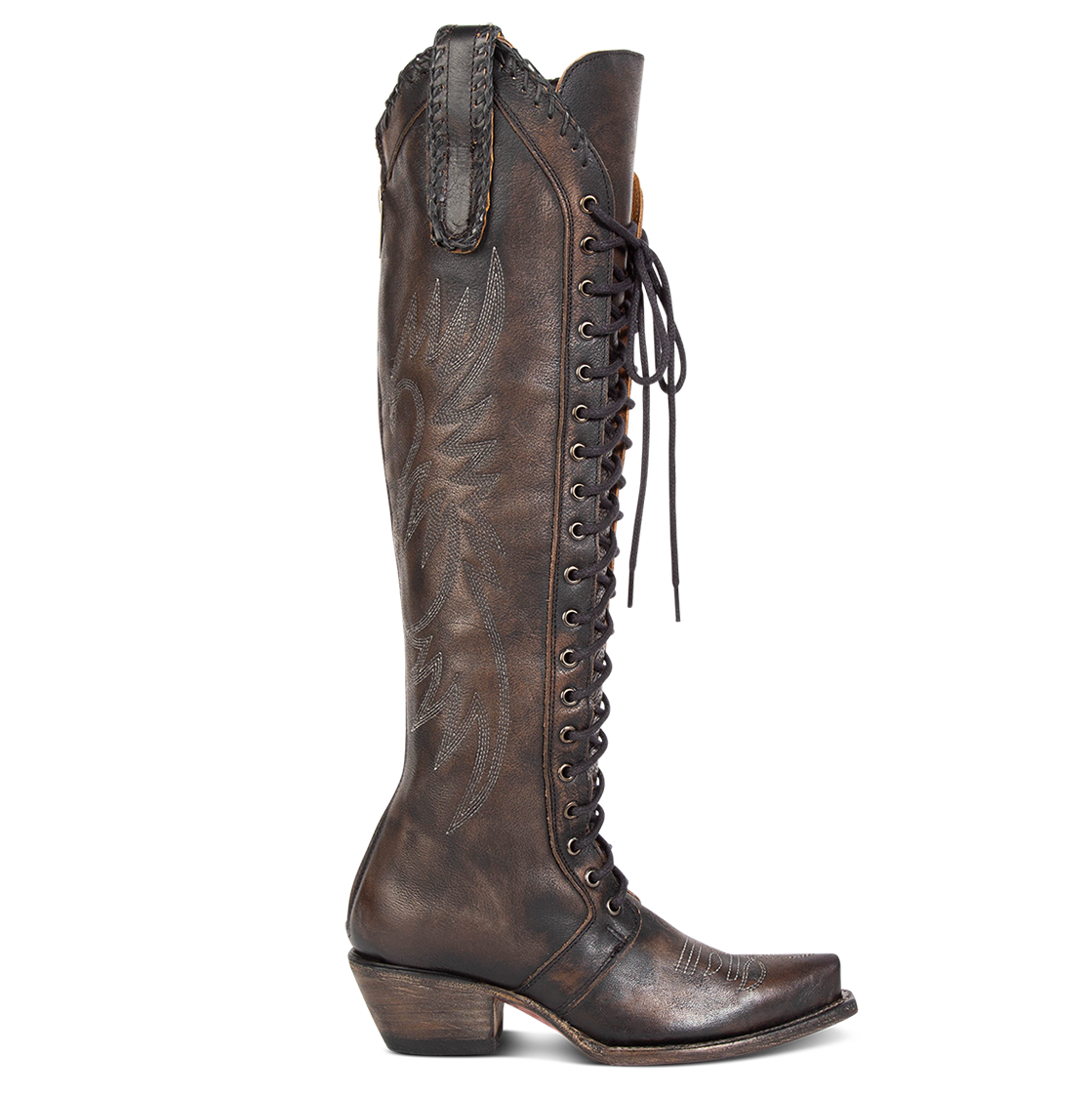 FREEBIRD women's Wilder black boot featuring a tall lace up shaft, contrasting stitch detailing, woven leather accents, and a back brass zip closure