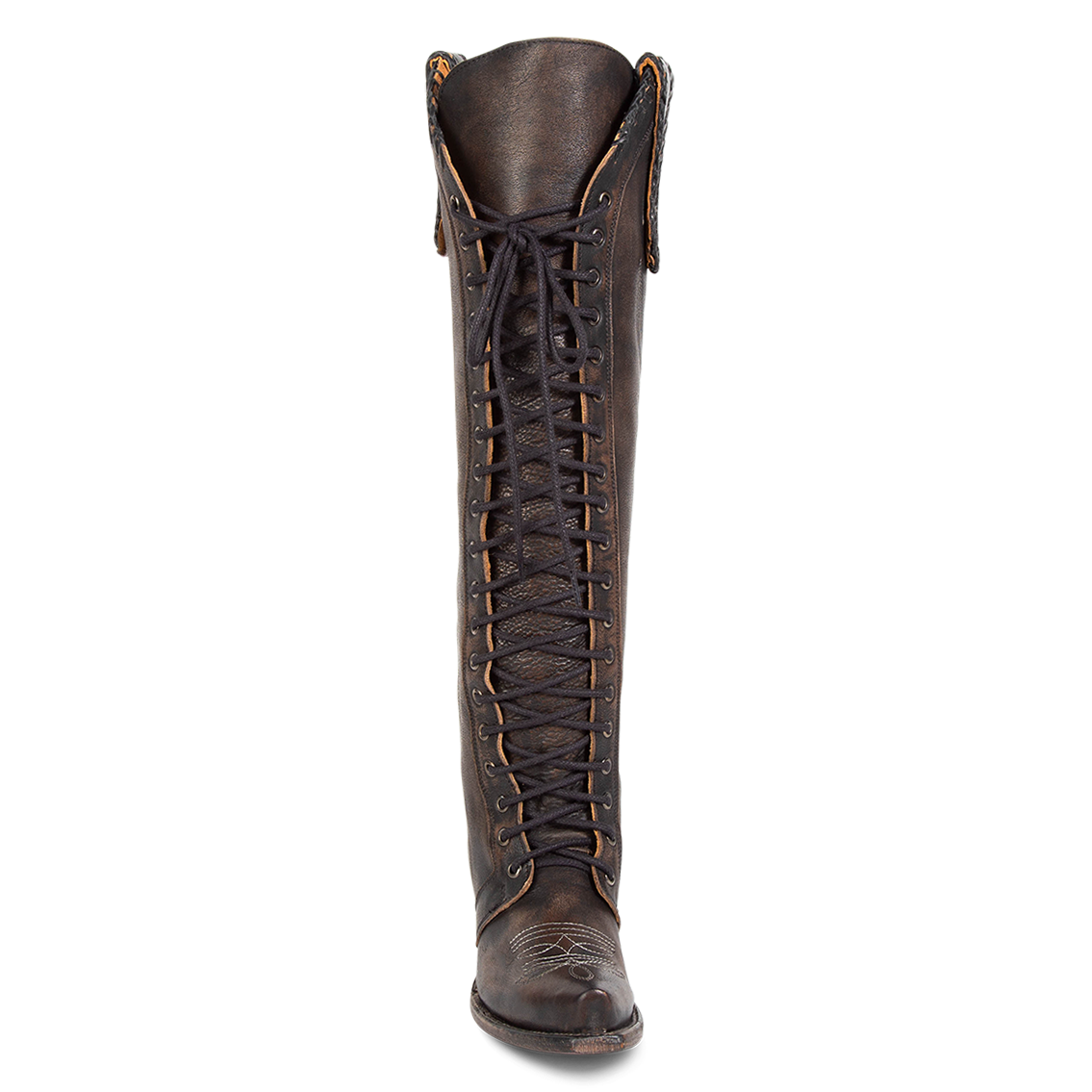 Front view showing tall lace up shaft, woven leather accents, and contrasting stitch detailing on FREEBIRD women's Wilder black boot