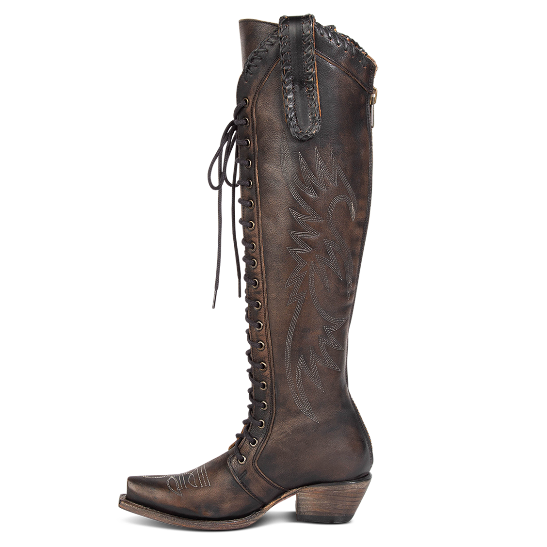 Inside view showing tall lace up shaft, woven leather accents, and contrasting stitch detailing on FREEBIRD women's Wilder black boot