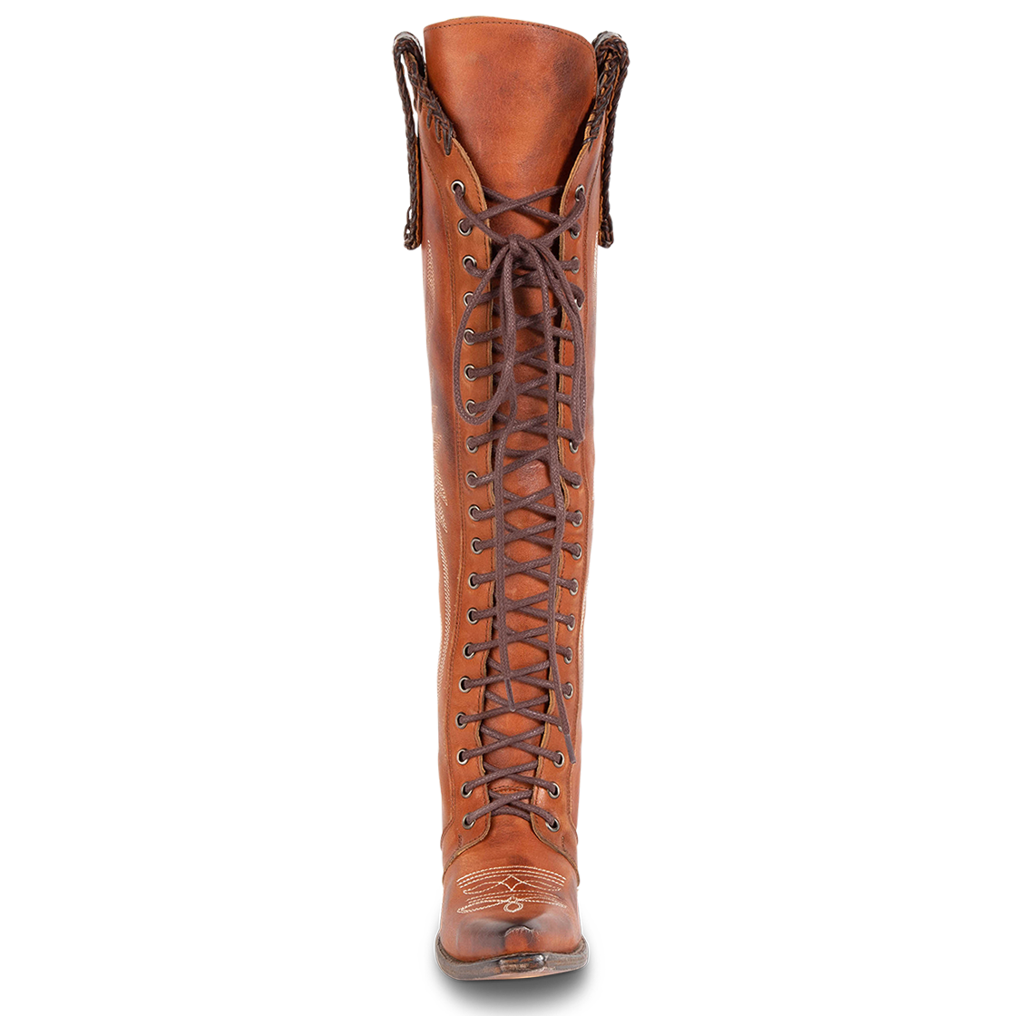 Front view showing tall lace up shaft, woven leather accents, and contrasting stitch detailing on FREEBIRD women's Wilder whiskey boot