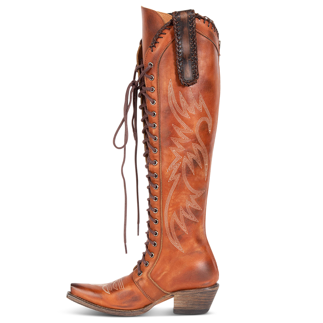 Inside view showing tall lace up shaft, woven leather accents, and contrasting stitch detailing on FREEBIRD women's Wilder whiskey boot