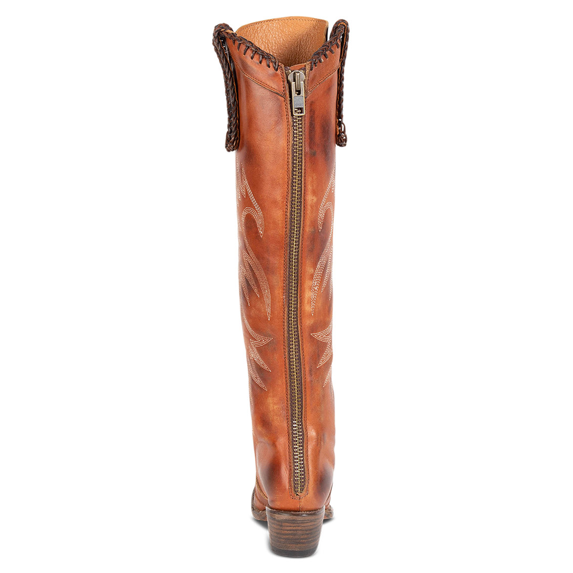 Back view showing brass zip closure and woven leather accents on FREEBIRD women's Wilder whiskey boot
