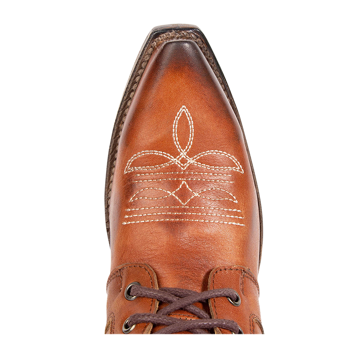 Top view showing snip toe and contrasting stitch detailing on FREEBIRD women's Wilder whiskey boot