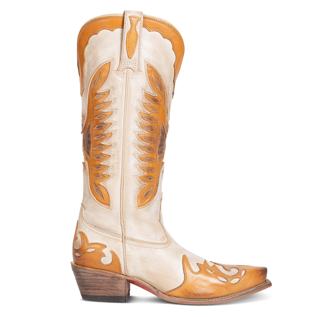 FREEBIRD women's Willie beige multi leather western boot with textured design, stitch detailing, and snip toe construction