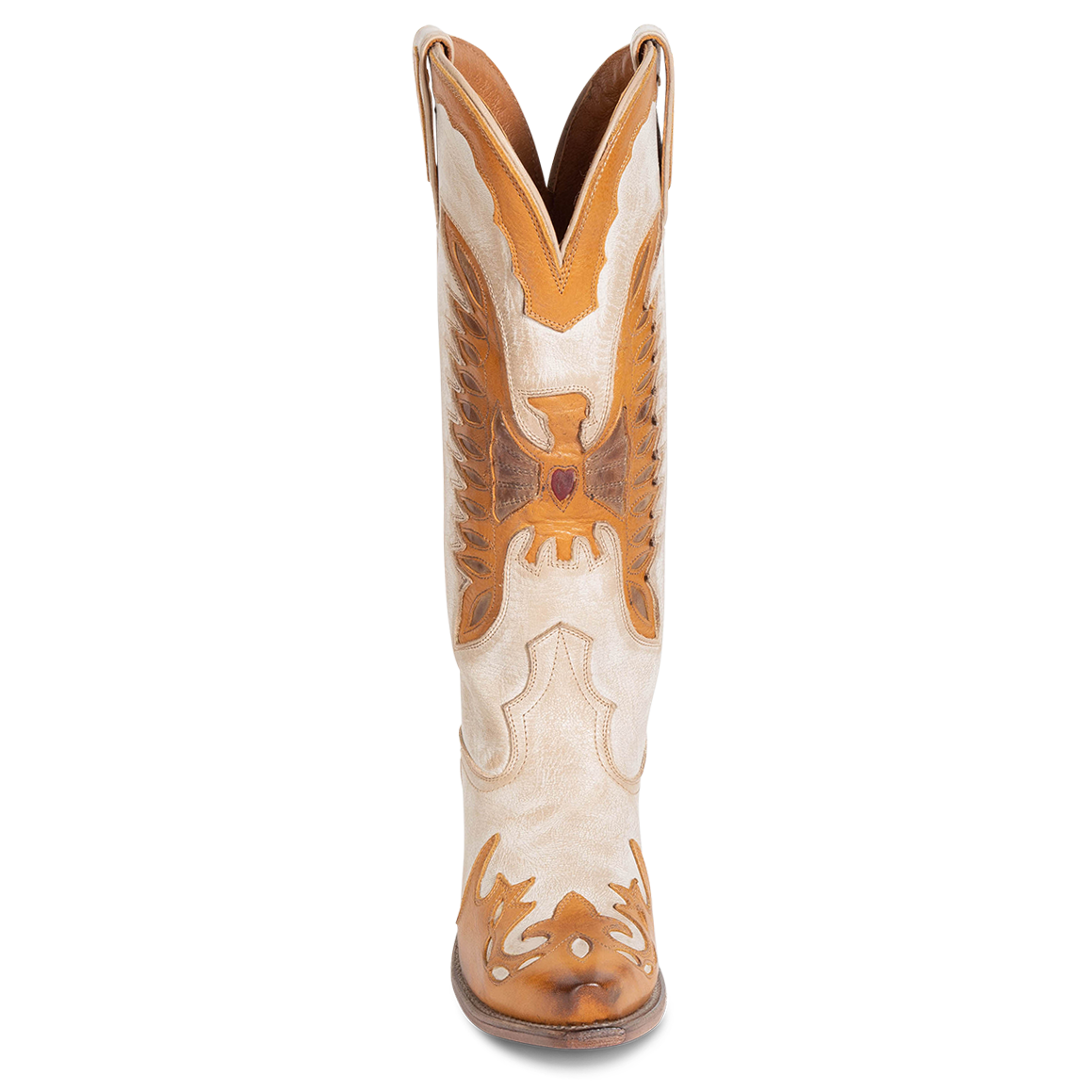 Front view showing textured bird design, stitch detailing and front dip on FREEBIRD women's Willie beige multi western leather boot