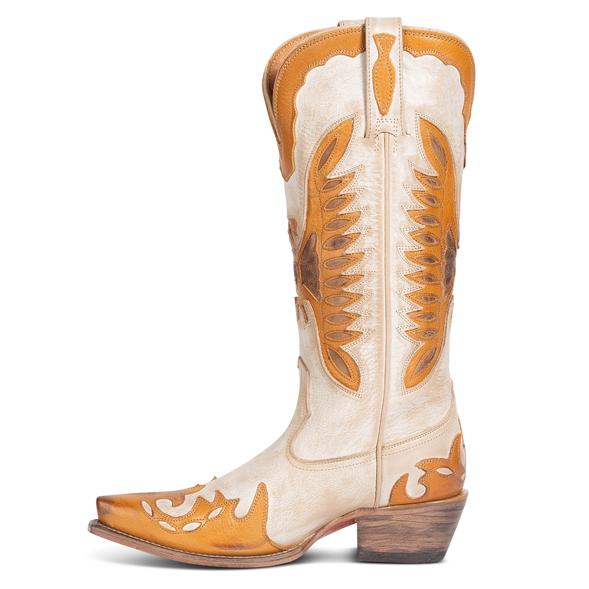 Side view showing textured design, stitch detailing and pull straps on FREEBIRD women's Willie beige multi western leather boot