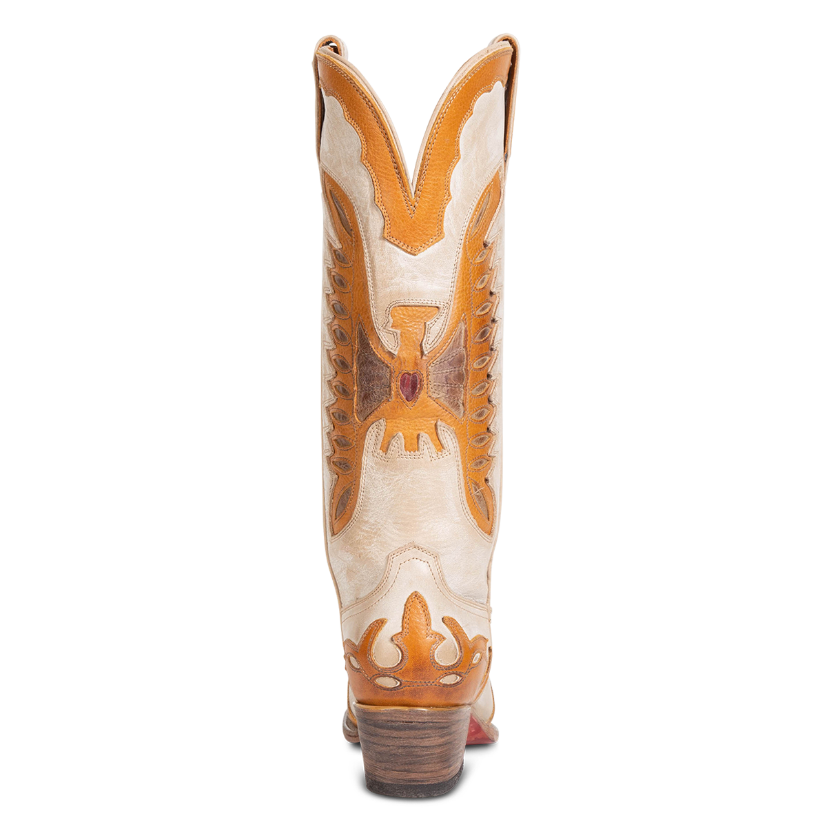 Back view showing textured bird design, stitch detailing and back dip on FREEBIRD women's Willie beige multi western leather boot