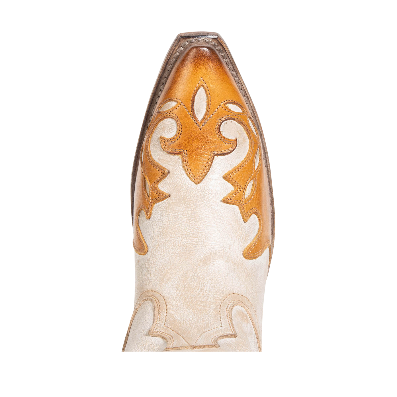 Top view showing snip toe construction with stitch detailing on FREEBIRD women's Willie beige multi western leather boot