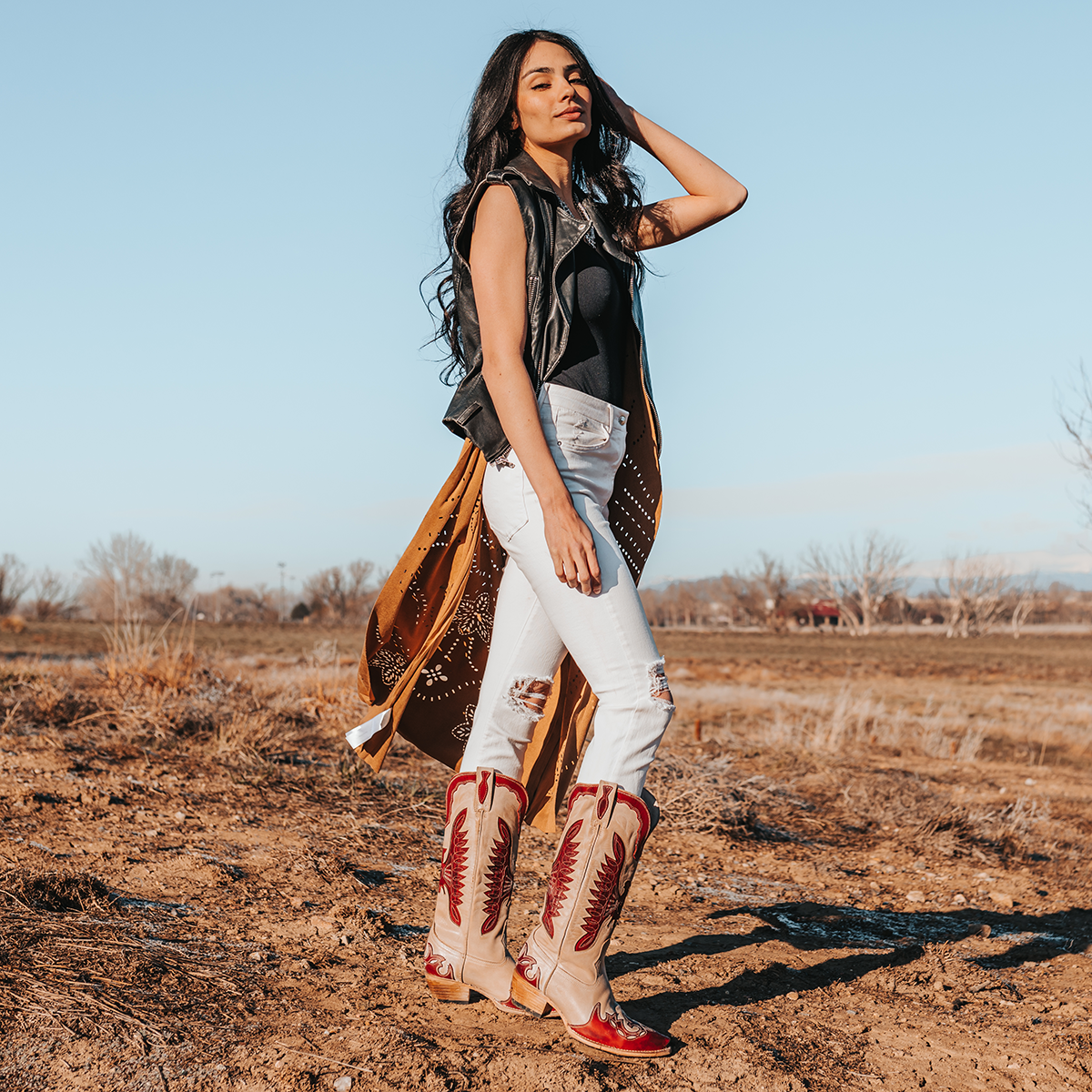FREEBIRD women's Willie beige red multi leather western boot with textured design, stitch detailing, and snip toe construction lifestyle