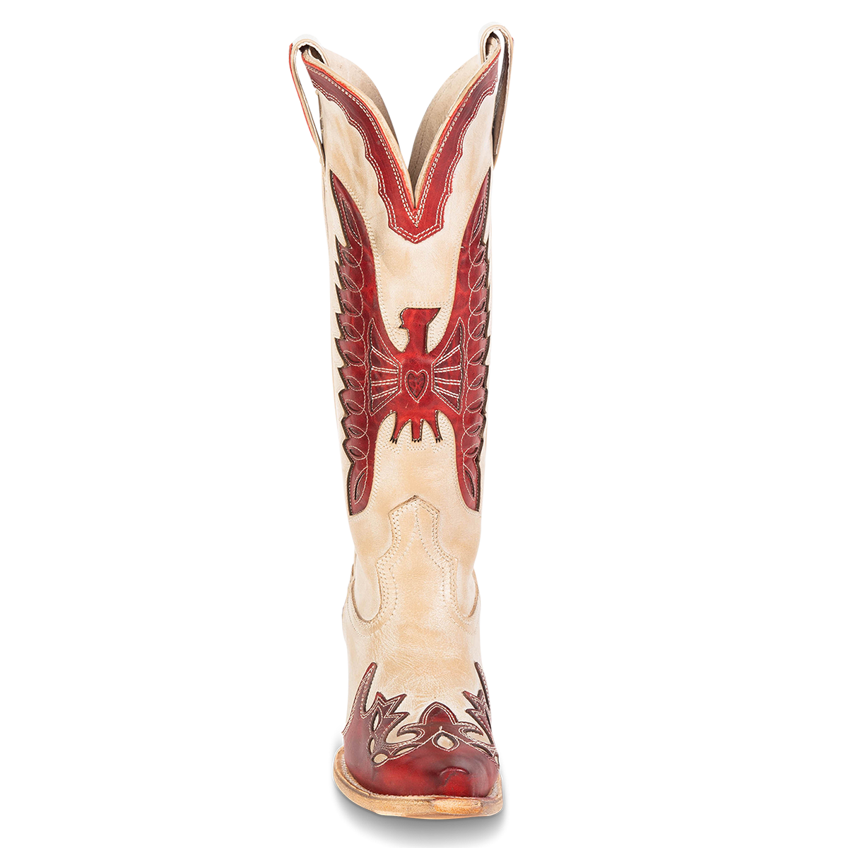 Front view showing textured bird design, stitch detailing and front dip on FREEBIRD women's Willie beige red multi western leather boot