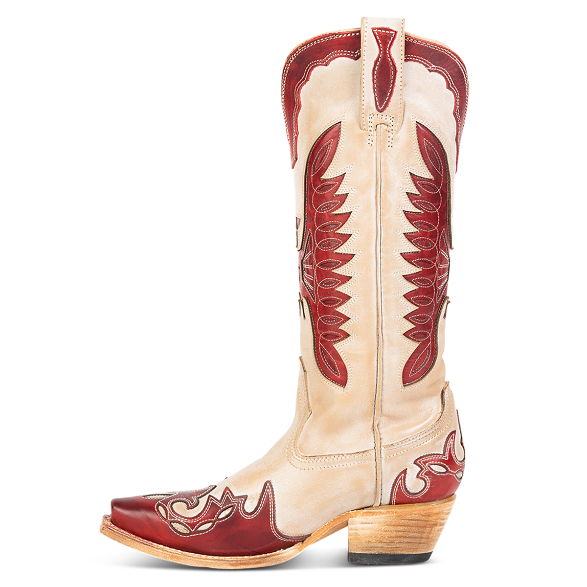 Side view showing textured design, stitch detailing and pull straps on FREEBIRD women's Willie beige red multi western leather boot