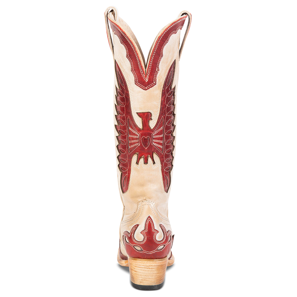 Back view showing textured bird design, stitch detailing and back dip on FREEBIRD women's Willie beige red multi western leather boot