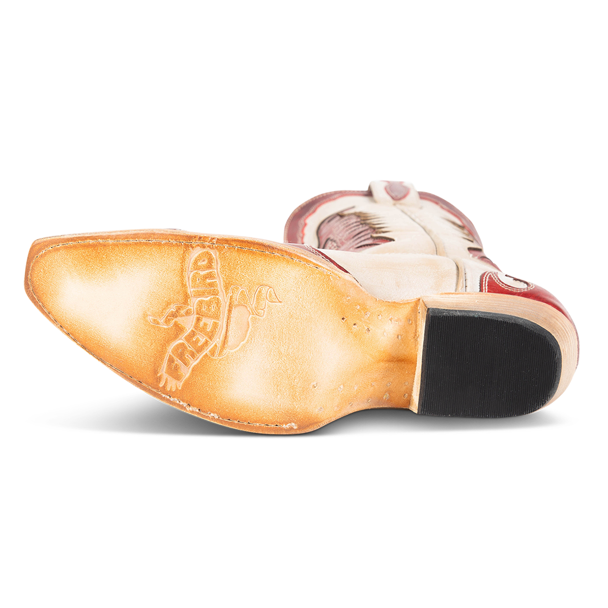 Leather sole imprinted with FREEBIRD on women's Willie beige red multi western leather boot