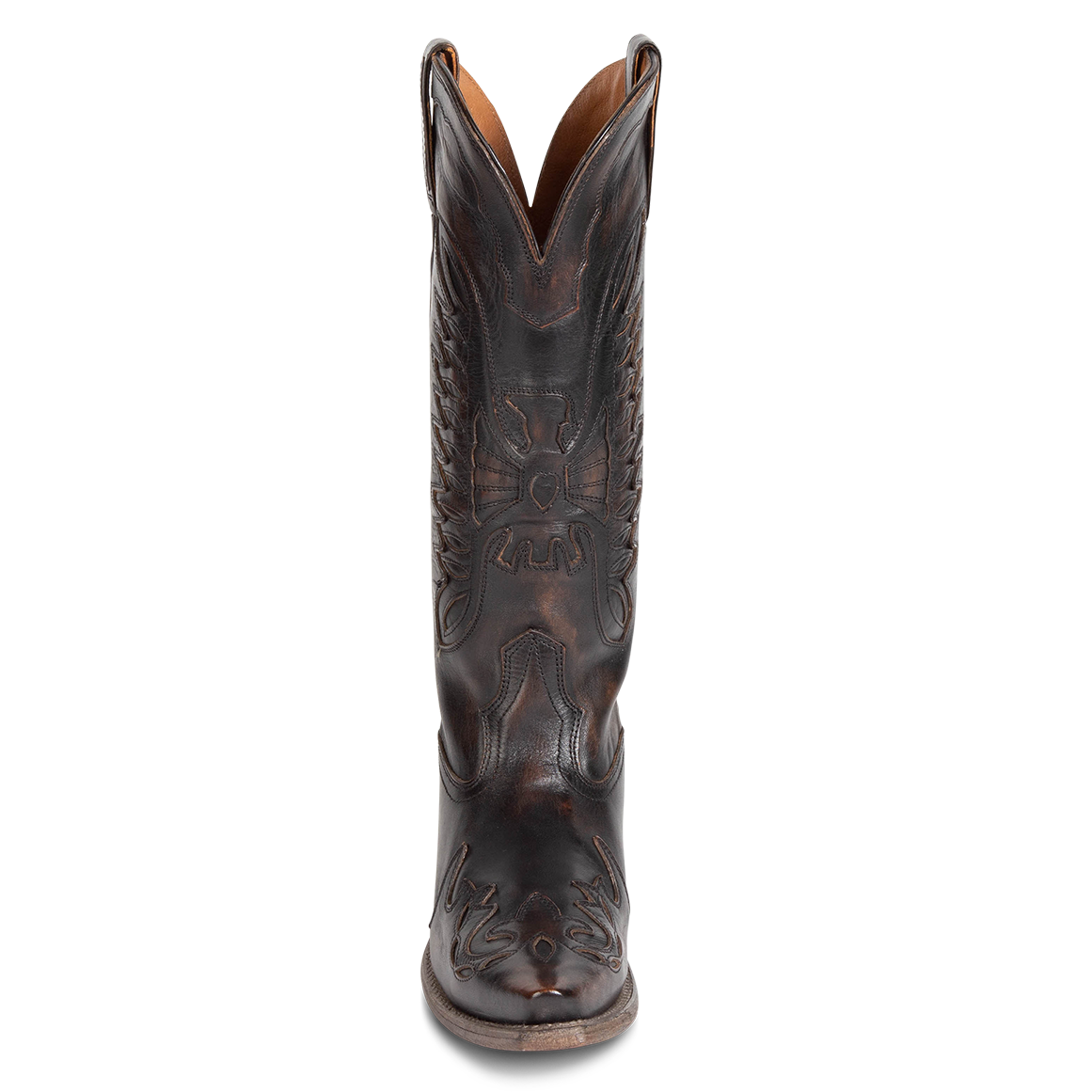 Front view showing textured bird design, stitch detailing and front dip on FREEBIRD women's Willie black western leather boot
