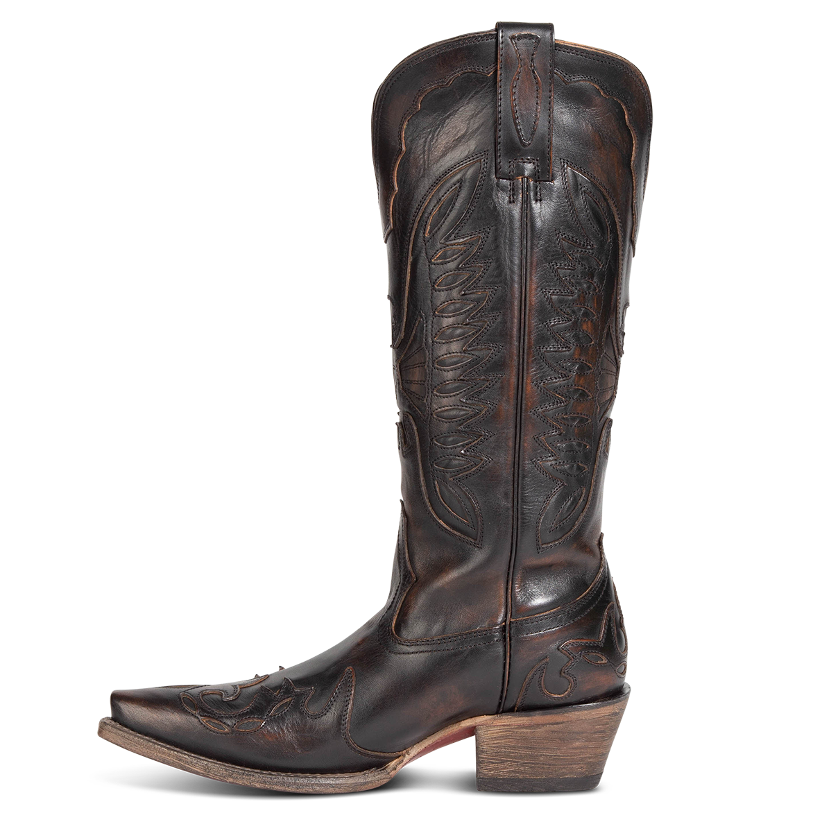 Side view showing textured design, stitch detailing and pull straps on FREEBIRD women's Willie black western leather boot