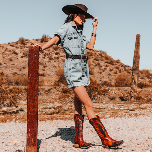FREEBIRD women's Willie cognac multi leather western boot with textured design, stitch detailing, and snip toe construction lifestyle