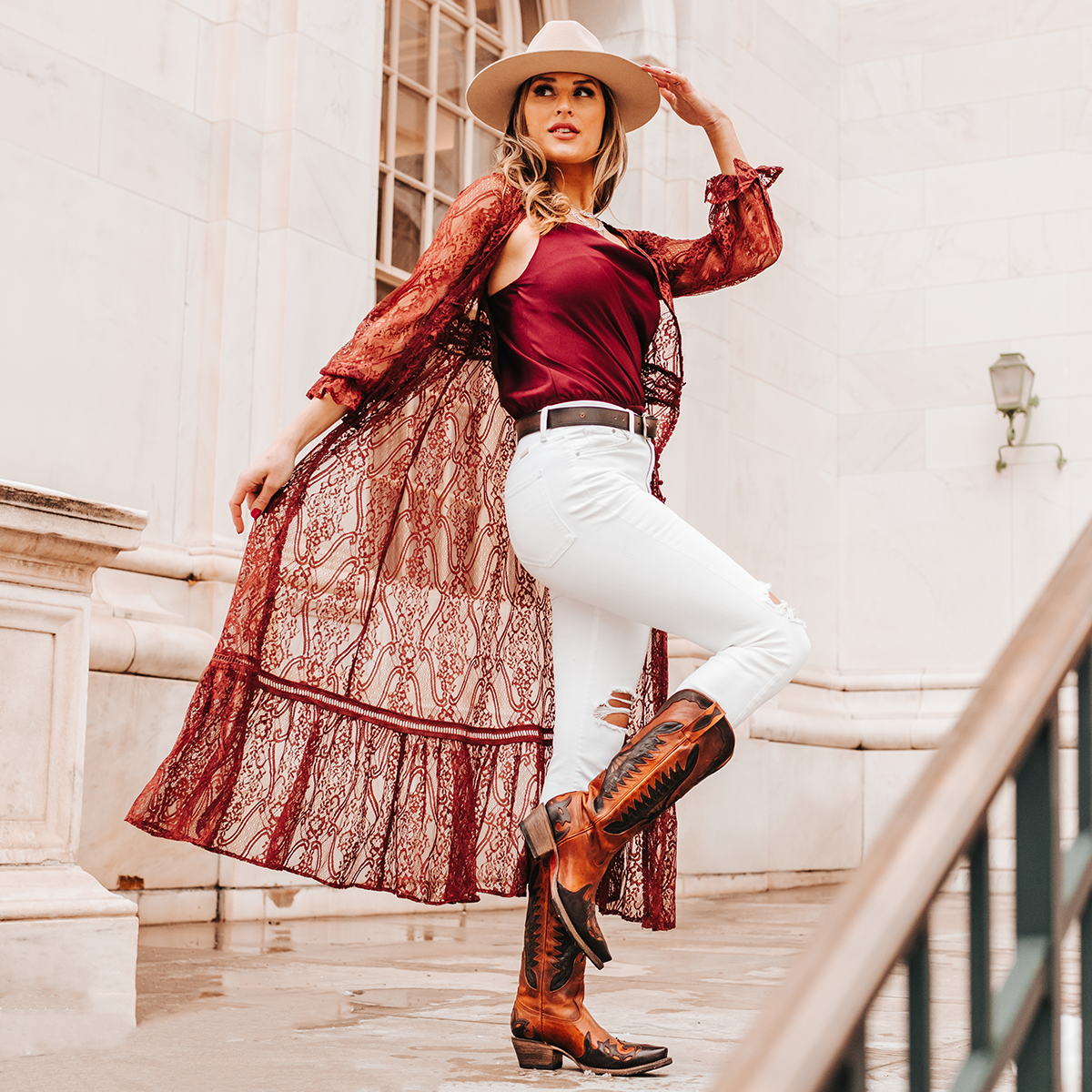 FREEBIRD women's Willie cognac multi leather western boot with textured design, stitch detailing, and snip toe construction lifestyle
