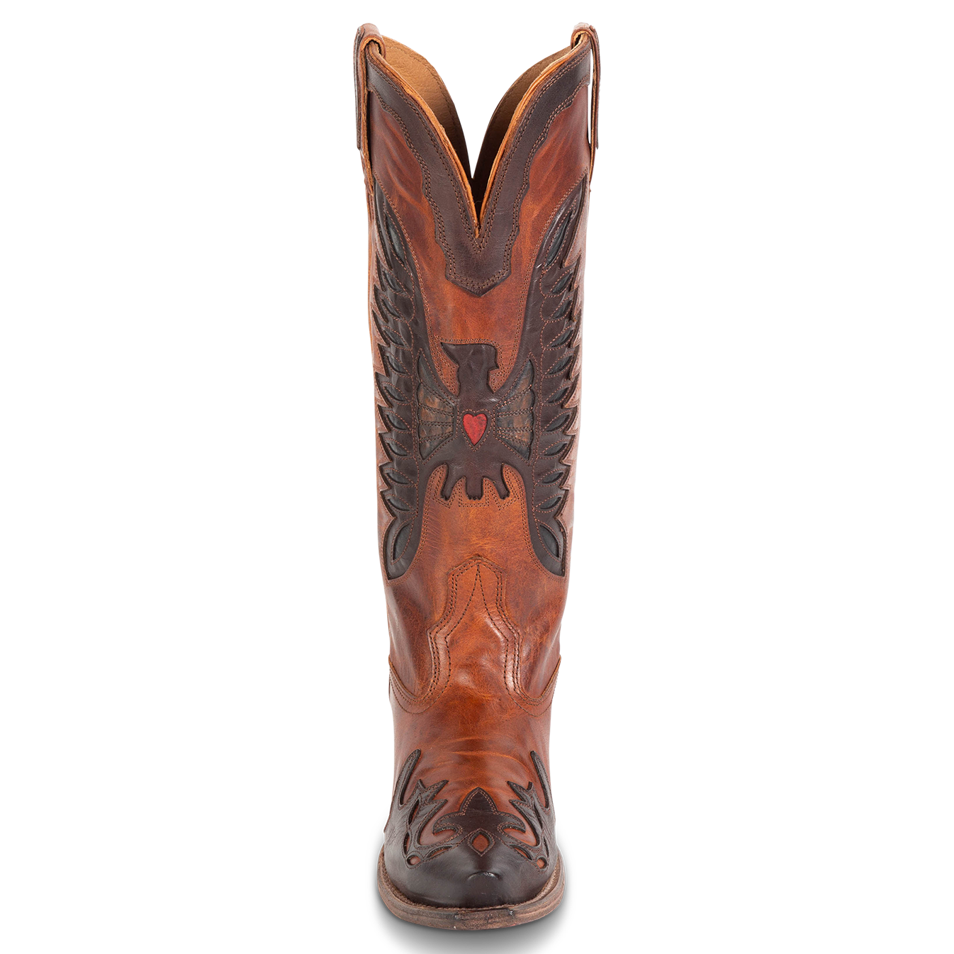 Front view showing textured bird design, stitch detailing and front dip on FREEBIRD women's Willie cognac multi western leather boot