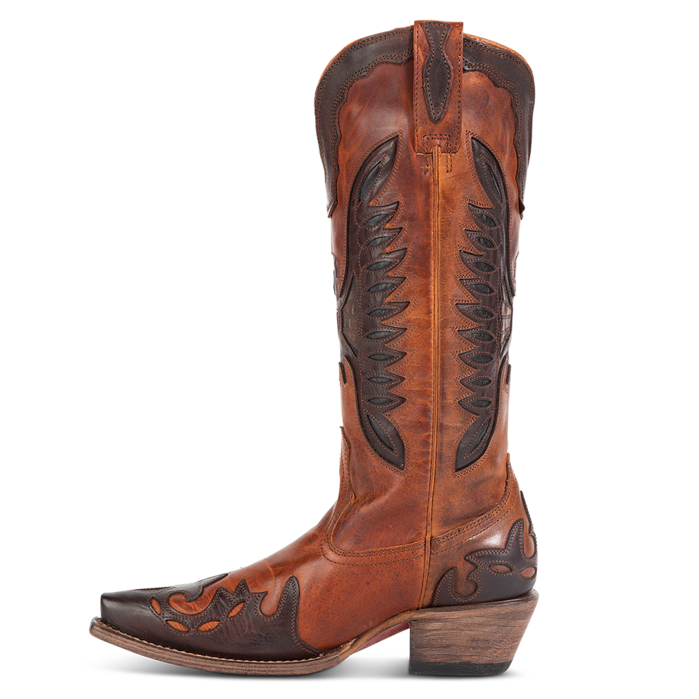 Side view showing textured design, stitch detailing and pull straps on FREEBIRD women's Willie cognac multi western leather boot